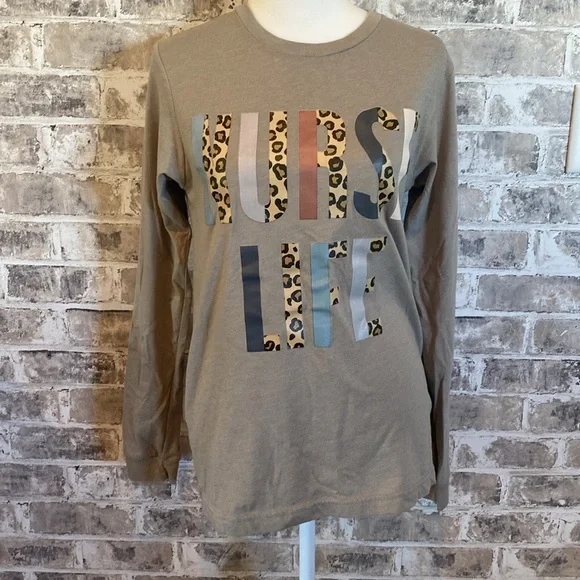 “Nurse Life” long sleeve tee. Size S. Tan with leopard print lettering. - Picture 2 of 16